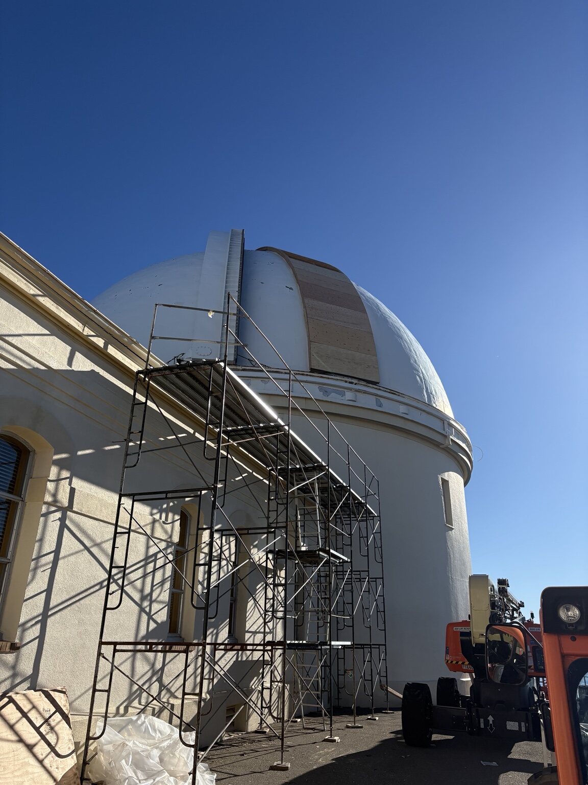 Scaffolding and access equipment staged for Lick Observatory repairs