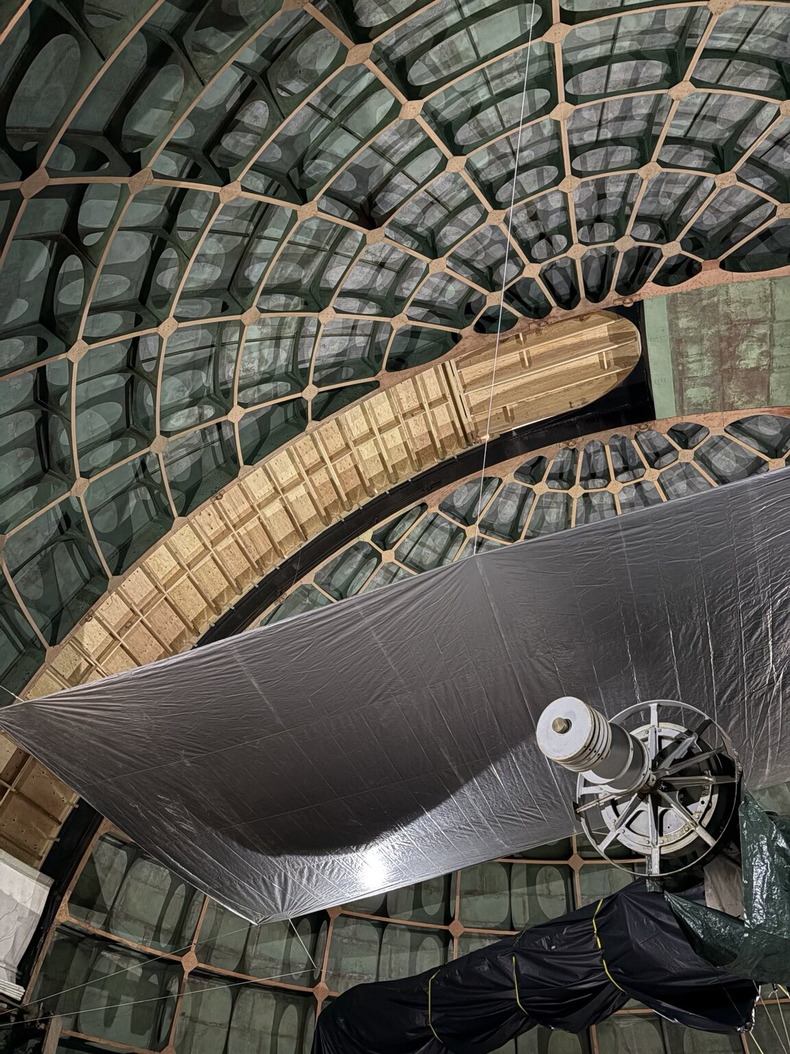 Interior view of custom temporary framing inside the observatory dome